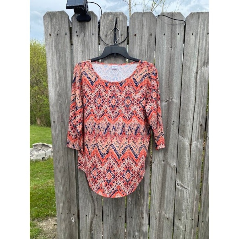 XIEERDUO Womens Large Coral Navy Ikat Geometric 3/4‎ Sleeve Scoop Neck Tunic Top